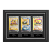 Pokemon trading card display frame suitable for three different cards. All base set and future pokemon cardboard cards. Jolteon, Vaporeon, Flareon inside displayed in a rigid plastic case with a plaque that has a message.